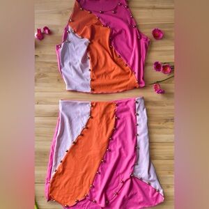 Colorful Retro Patchwork Top and Skirt Set 2pc Set